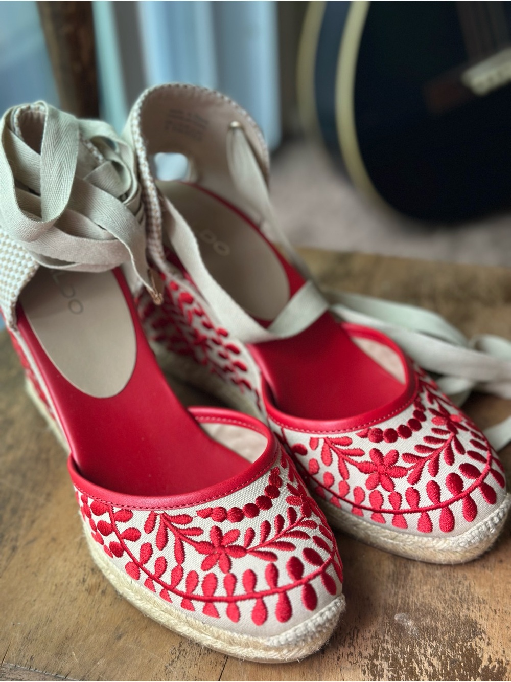 Aldo Red and Cream Embroidered Espadrille Wedge Sandals